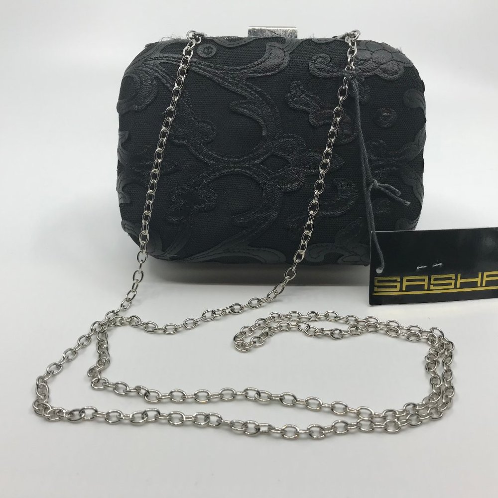 Sasha Hard Shell Black Applique Evening Bag Clutch Silver Chain Strap